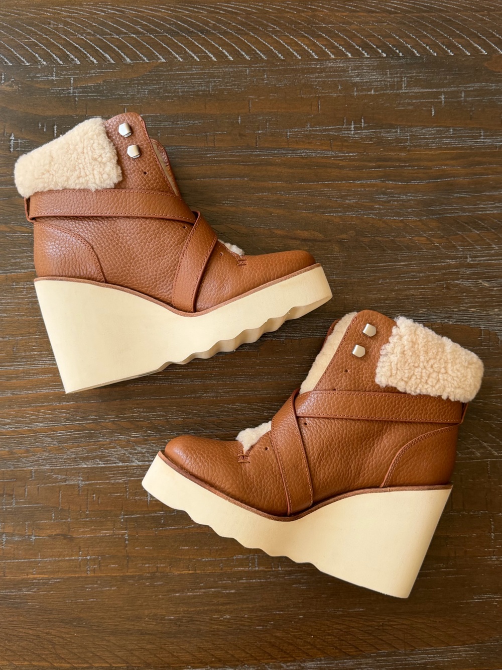 Coach Kenna British Tan Leather Shearling Wedge Booties - Picture 2 of 6